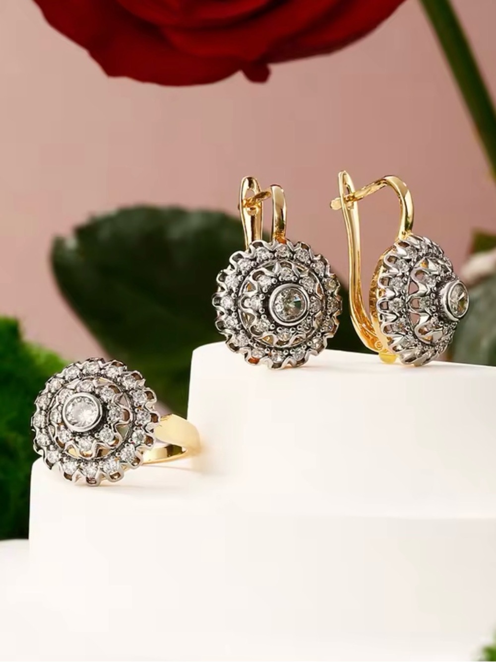 Gold and Silver Floral Halo Drop Earrings and Ring Set